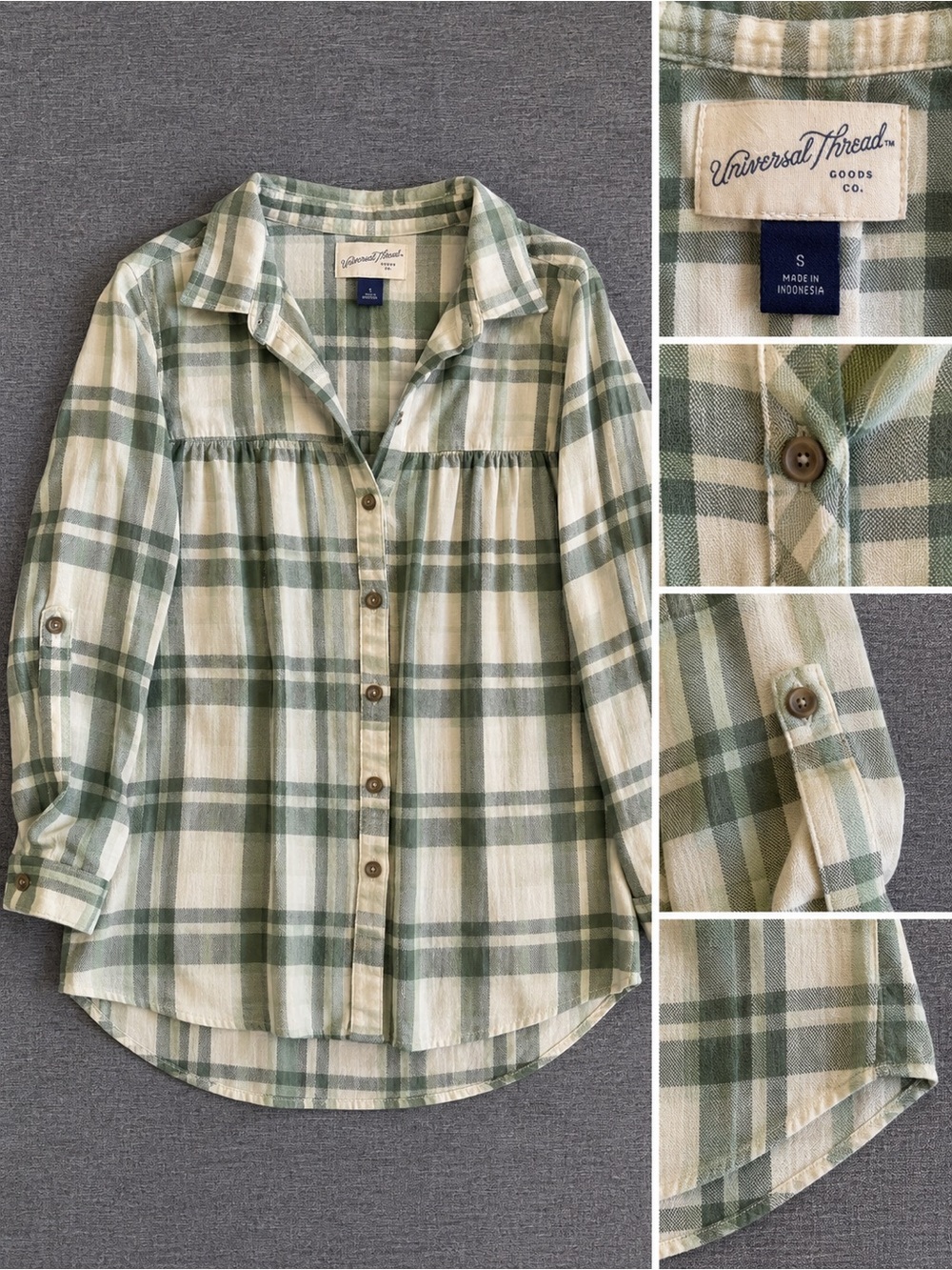 Universal Thread Green and Cream Plaid Button-Down Shirt